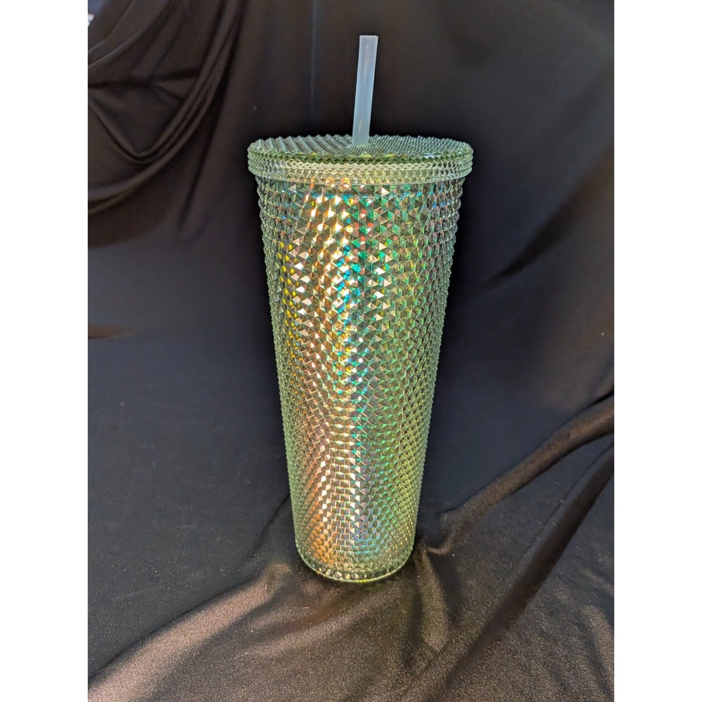 IRIDESCENT GREEN STUDDED DIAMOND SHAPE 24OZ DOUBLE WALL TUMBLER NEW